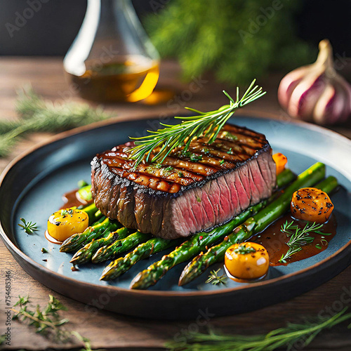 grilled meat with vegetables, steak and asparagus are on a plate with a black background, in the style of Tokina opera 50mm f/1.4 ff, bokeh, 32k UHD, art of the upper paleolithic, exquisite,