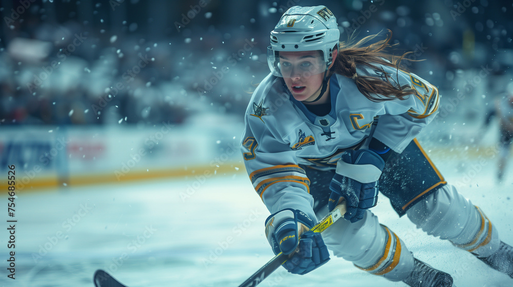 custom made wallpaper toronto digitalA determined female ice hockey player charges with the puck in full gear during an intense competitive match on the ice.