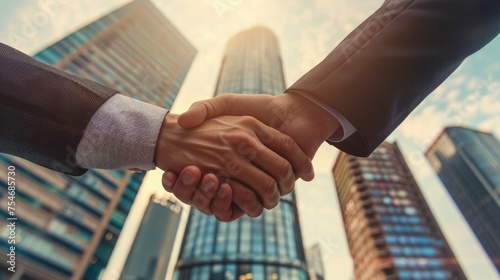 Businessman handshake on a  background skyrise building view.  a concept of business contract, Partnership, successful deal. photo