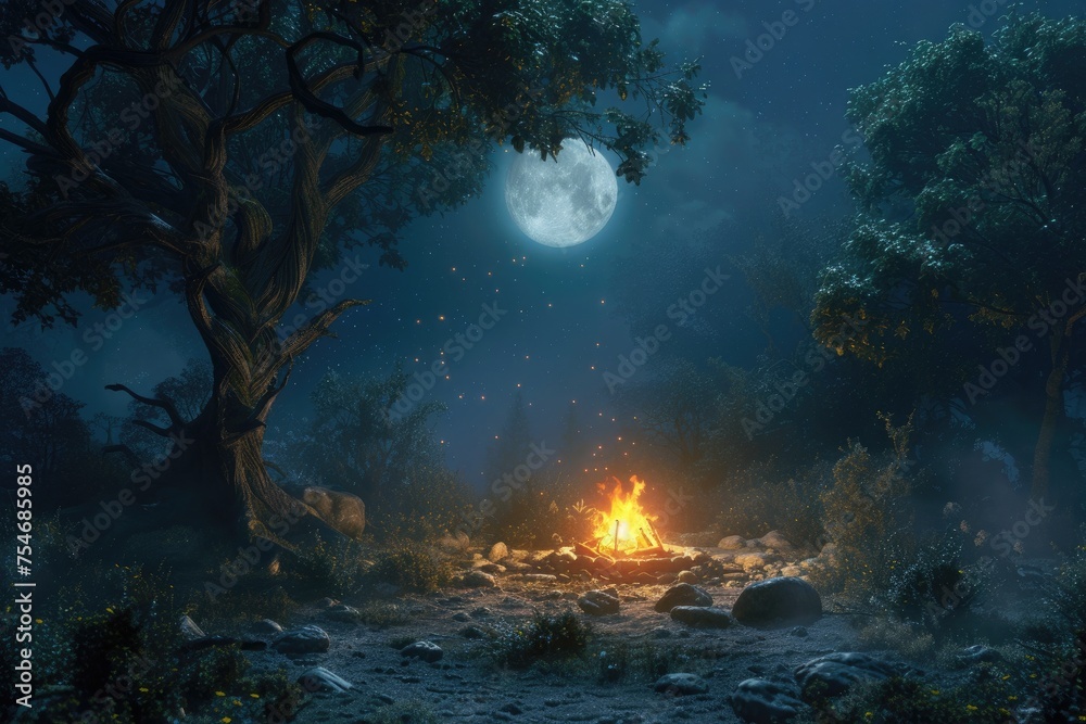 Enchanted forest scene with a magical bonfire glowing softly under the moonlight, surrounded by ancient trees. 
