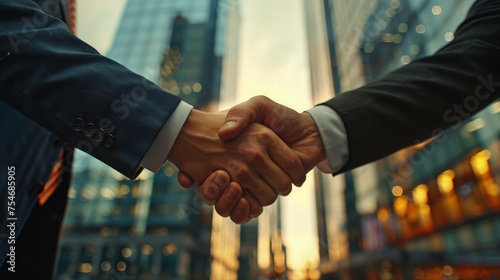 Businessman handshake on a  background skyrise building view.  a concept of business contract, Partnership, successful deal. photo