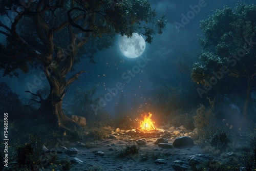 Enchanted forest scene with a magical bonfire glowing softly under the moonlight, surrounded by ancient trees. 