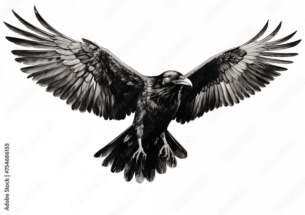 Fototapeta premium Black bird flying - monochrome crow illustration