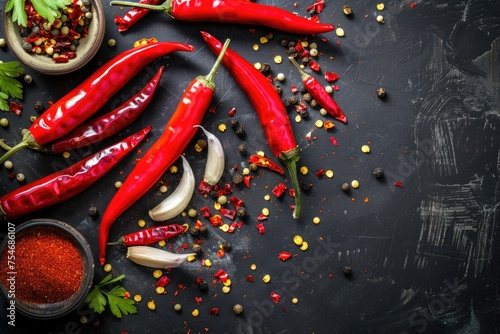 Several chili peppers and spices are on a black surface