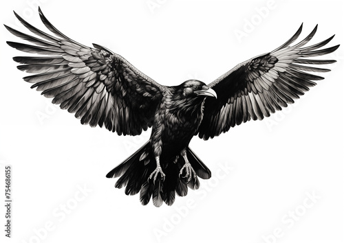 Black bird flying - monochrome crow illustration