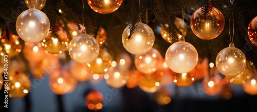 A cluster of round balls of lights in shades of orange are hanging from the branches of a tree, illuminating the surroundings with a warm glow. The lights create a festive and enchanting atmosphere.