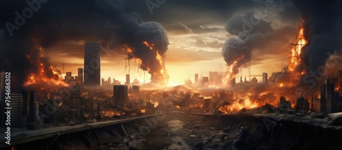 A city is in chaos as thick smoke billows up from multiple locations, flames consume buildings, and explosions rock the area. The dramatic sky forms a backdrop to the destruction unfolding below.