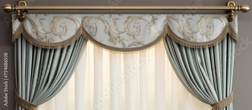 A window featuring a curtain and a curtain valance. The curtain is made of fabric, and the valance is positioned above. The curtain rod has metal tips, and the overall window treatment adds a