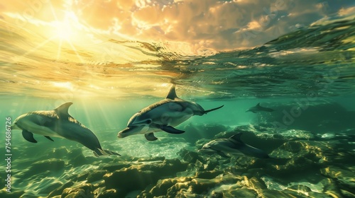 Playful Dolphins in Crystal Clear Turquoise Waters at Sunset