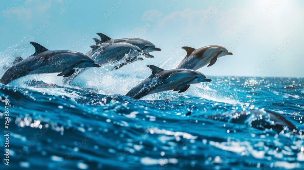 Graceful Dolphins Leaping out of Sparkling Waves in Azure Ocean AI Generated.
