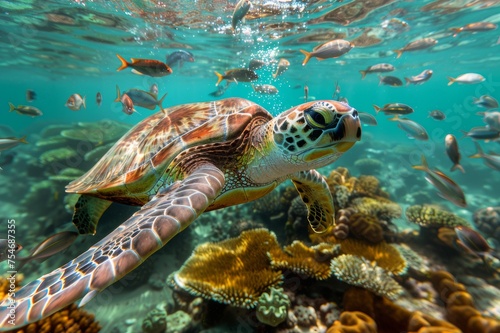 Underwater images of a lively coral reef featuring schools of fish and gracefully swimming sea turtles.