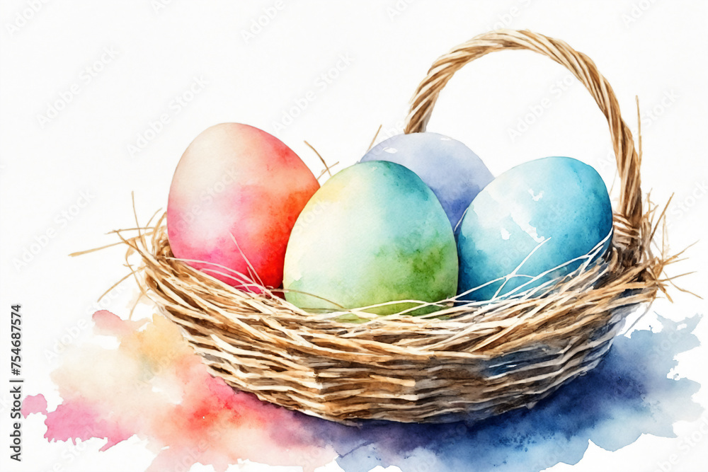 Watercolor painting of Easter eggs in a nest Watercolor painting of Easter eggs in a nest