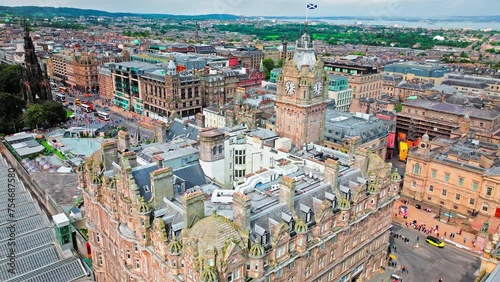 Aerial view of The Balmoral 5-star hotel in Edinburgh, Scotland. Legendary luxury hotel and landmark clock tower, a symbol of its city. Victorian architecture in Scotland. photo
