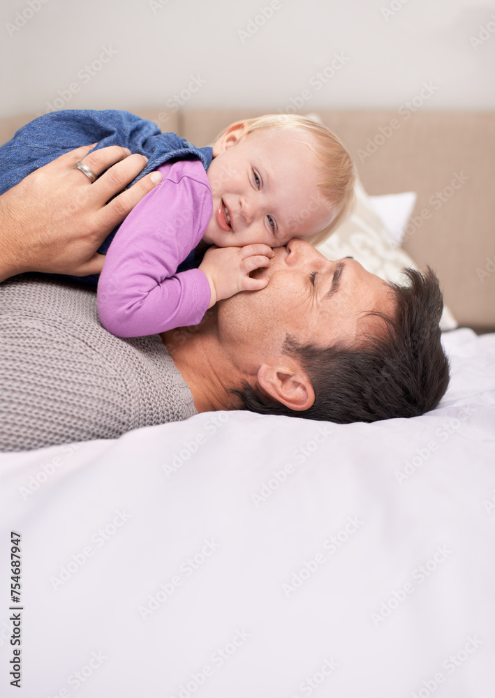 Father, daughter and bedroom with playful, joy and fun for bonding or family and growth. Man, child and bed for baby, development and happiness with laughing and childhood for parenting and future Father, daughter and bedroom with playful, joy and fun for bonding or family and growth. Man, child and bed for baby, development and happiness with laughing and childhood for parenting and future