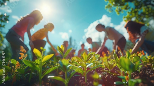 Day of Giving, Show people coming together on a sunny day to volunteer for environmental causes, spreading love and positivity through charitable actions photo