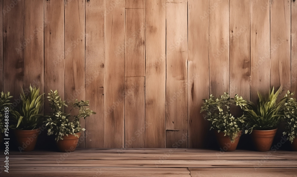 Abstract background of old wooden plank wall and floor decorated with potted plants. Used for displaying retro vintage products, copying letters, logos or signs. Abstract background of old wooden plank wall and floor decorated with potted plants. Used for displaying retro vintage products, copying letters, logos or signs.