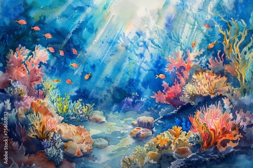 Underwater pictures of coral reefs with watercolors It's full of colorful fish, coral, and sunlight shining through the water.