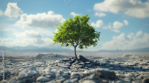 Isolated Growth  Illustrate a single tree growing amidst a barren landscape  symbolizing hope and resilience in the face of environmental challenges