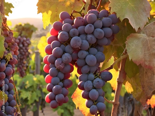Closeup of red grapes hanging on vine in grape farm. Grape harvest. Growing grapes in the home garden concept. Wine making concept. International Grenache Day September 20