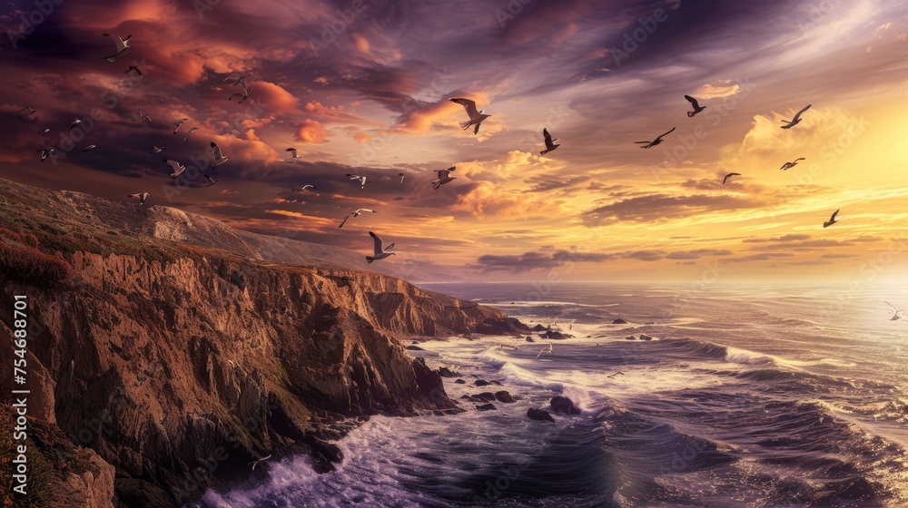 Vibrant Skyline with Seagulls Gliding Over rugged Coastal Scene