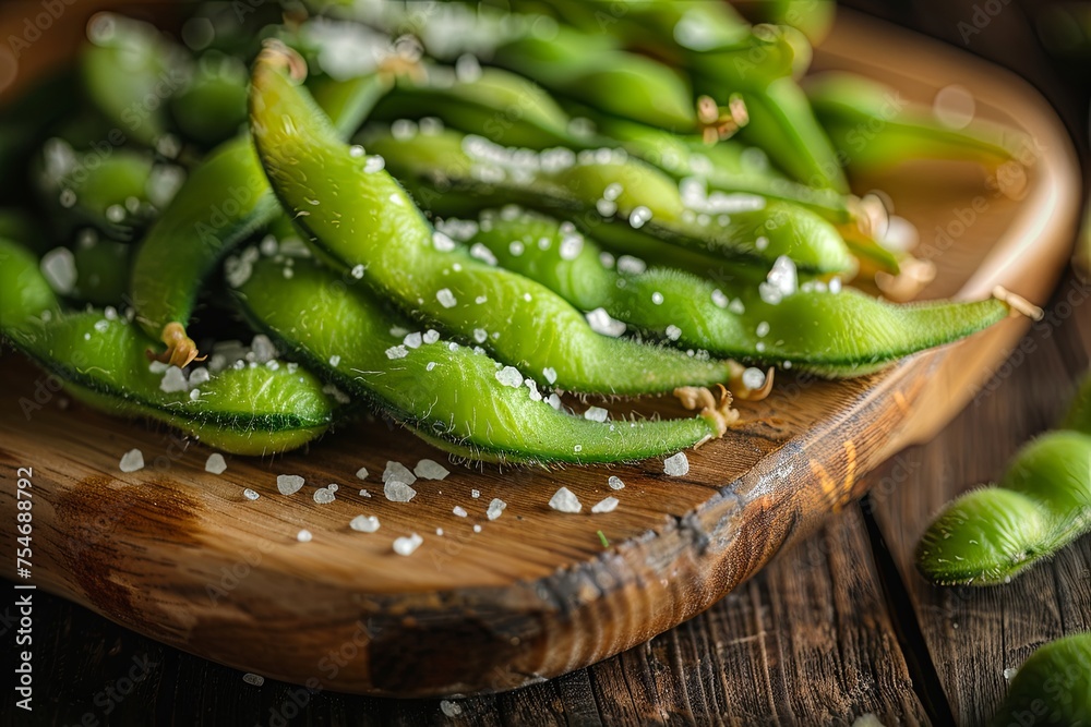 Plate of freshly boiled edamame pods, sprinkled with sea salt crystals, arranged on a wooden serving platter Plate of freshly boiled edamame pods, sprinkled with sea salt crystals, arranged on a wooden serving platter