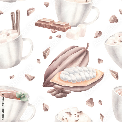 collage of cocoa and sweets. watercolor seamless pattern with cup with hot chocolate and sweets isolated.
