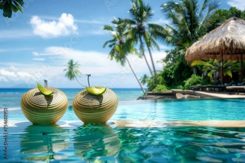 pool with artificial beach and tropical ocean. generative ai.