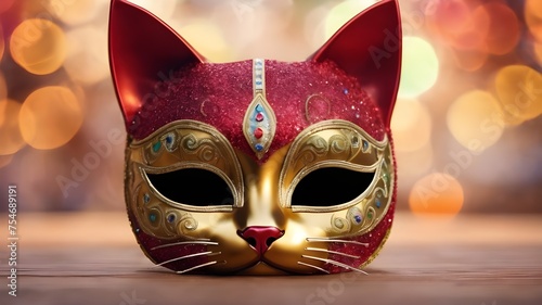 Cat face shaped carnival mask isolated on bokeh background. Fancy party mask in cat face shape. Cheshire Cat Grin. Costume for masquerade. 