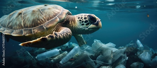 A turtle is seen swimming over a large pile of garbage in the ocean, with plastic bottles and other waste visible beneath it. This image highlights the issue of plastic pollution affecting marine life © TheWaterMeloonProjec
