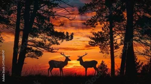 Majestic Deer Sunset Silhouettes in Peaceful Woods.
