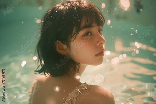 アジア人の女の子(日本人、夏、美容、ファッション、青春、学生、若い、海、プール、広告、写真、コスメ、美少女) Generative AI  photo