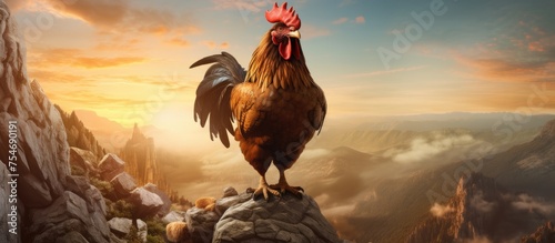 A brown rooster confidently stands on the peak of a mountain, showcasing its unique superhero qualities against the backdrop of the vast landscape.