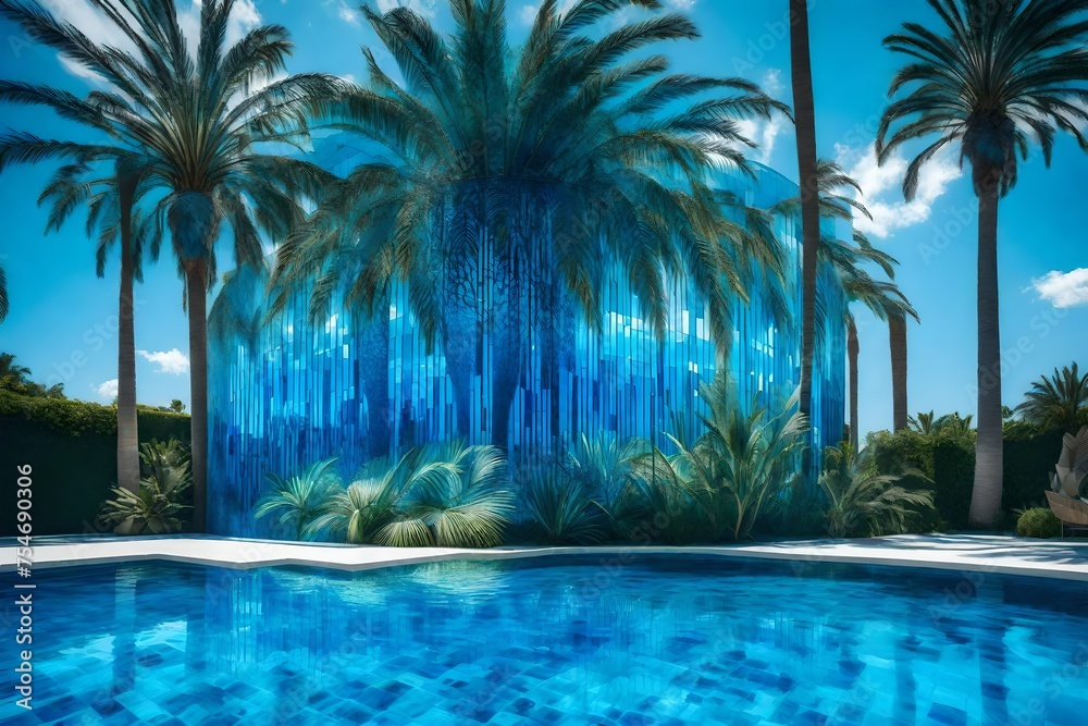 The electric blue water of the swimming pool reflects a palm tree, creating a stunning natural landscape art piece with a serene pattern and grass surroundings