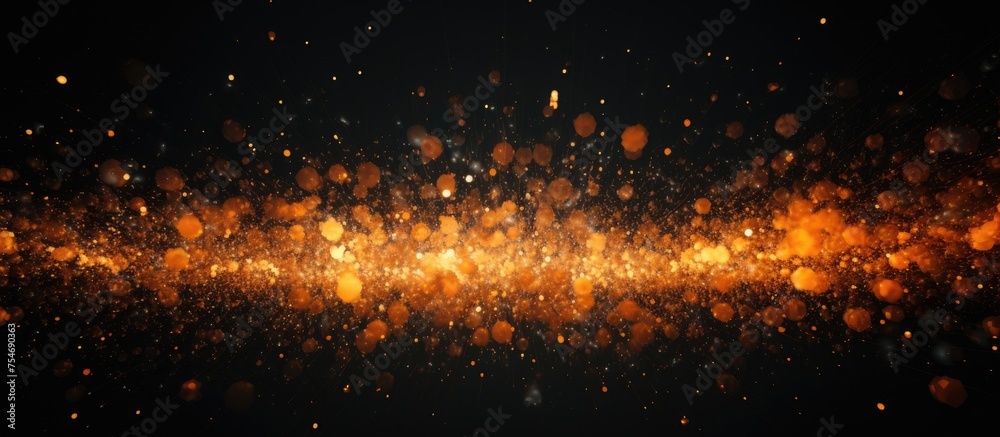 This vibrant image features an orange and black background with numerous bubbles scattered throughout. The bubbles create a dynamic and lively atmosphere against the contrasting colors, adding depth - obrazy, fototapety, plakaty 