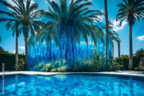 The electric blue water of the swimming pool reflects a palm tree  creating a stunning natural landscape art piece with a serene pattern and grass surroundings