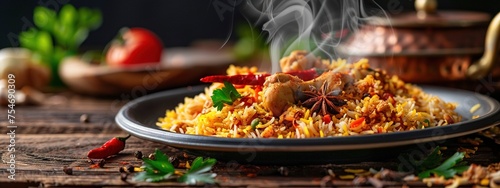 Classic-style painting of a steaming plate of chicken biryani served with aromatic spices and garnishes