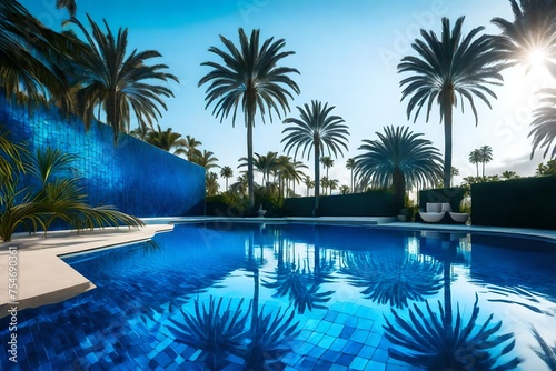 The electric blue water of the swimming pool reflects a palm tree  creating a stunning natural landscape art piece with a serene pattern and grass surroundings