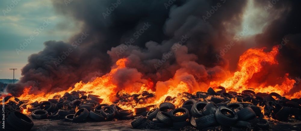 A large stack of tires has been set ablaze, creating a fiery inferno with billowing black smoke. The burning tires emit toxic fumes, contributing to environmental pollution.