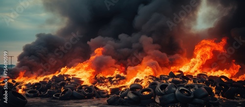 A large stack of tires has been set ablaze, creating a fiery inferno with billowing black smoke. The burning tires emit toxic fumes, contributing to environmental pollution.