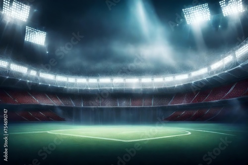 Sports stadium with a lights background, Textured soccer game field with spotlights fog midfield Concept of sport, competition, winning, action, empty area for championships
