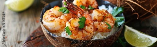 Coconut shrimp tropical meal background. Food background 
