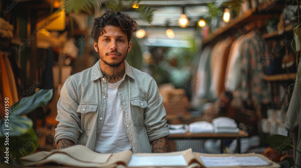 Fototapeta premium Young Latinx entrepreneur launching a sustainable fashion brand, eco-friendly materials, workshop