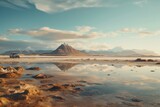 Calm and scenic salt flats with a parked car, mountain backdrop, reflection, vast, tranquil, adventure