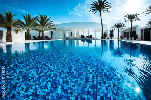 The electric blue water of the swimming pool reflects a palm tree  creating a stunning natural landscape art piece with a serene pattern and grass surroundings