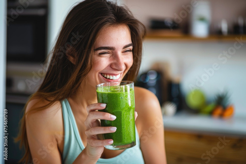 Happy woman drinks healthy smoothie in kitchen