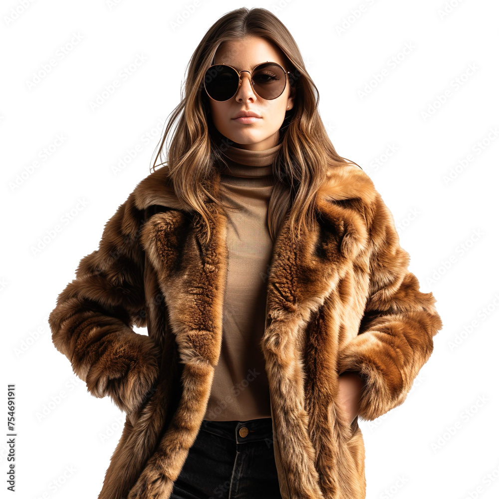 Front view mid body shot of an extremely beautiful female Caucasian model wearing a nutria fur coat with sunglasses on a white transparent background