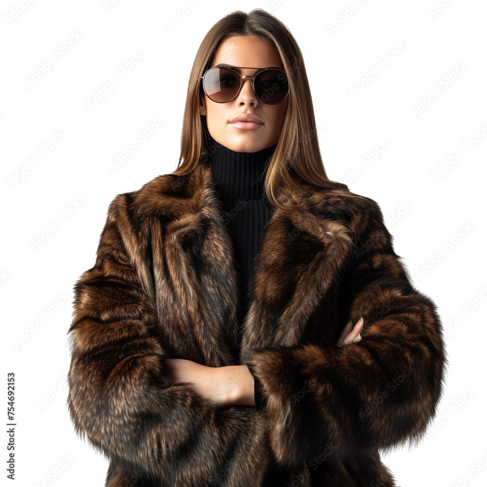 Front view mid body shot of an extremely beautiful female Caucasian model wearing a mink fur coat with sunglasses on a white transparent background Front view mid body shot of an extremely beautiful female Caucasian model wearing a mink fur coat with sunglasses on a white transparent background