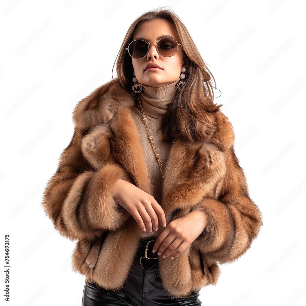 Front view mid body shot of an extremely beautiful female Caucasian model wearing a marten fur coat with sunglasses on a white transparent background Front view mid body shot of an extremely beautiful female Caucasian model wearing a marten fur coat with sunglasses on a white transparent background