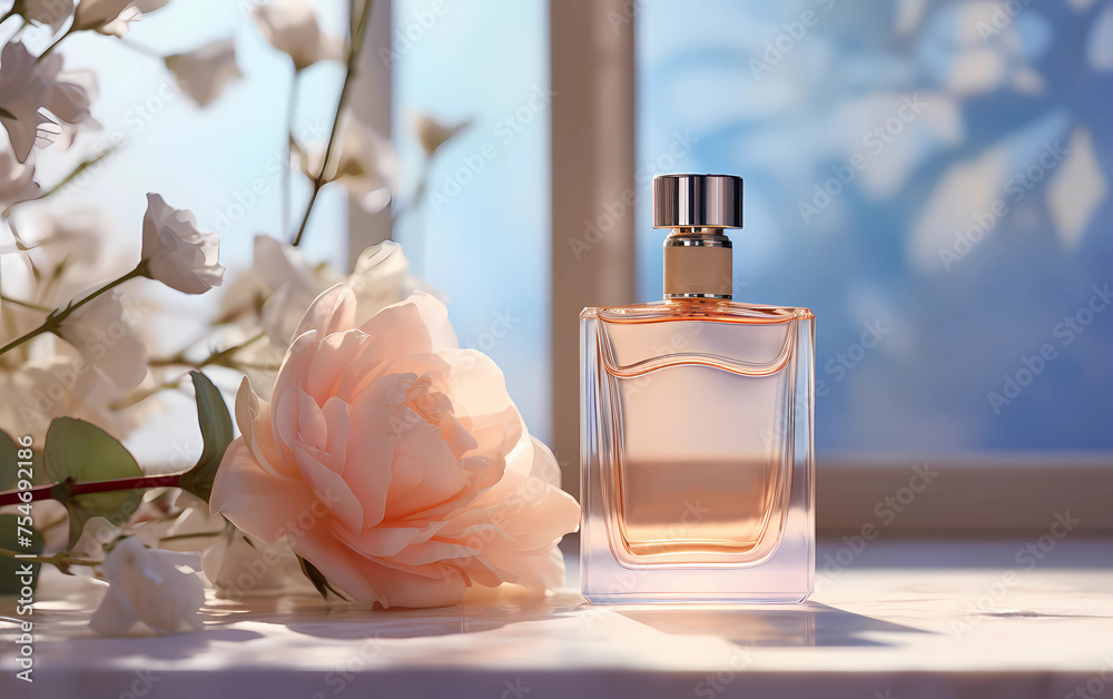 Bottle of perfume and rose near the window. Perfume bottle positioned beside a fresh flowers, creating an image that combines elegance with a sense of guidance Bottle of perfume and rose near the window. Perfume bottle positioned beside a fresh flowers, creating an image that combines elegance with a sense of guidance