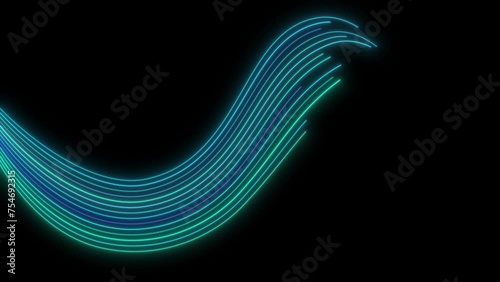 Abstract light lines wavy flowing dynamic in blue green colors isolated on black background for concept of AI technology, digital, communication, 5G, science, music. 4k video